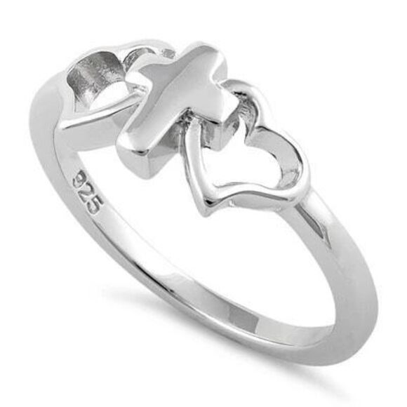 Sterling Silver Cross with 2 Hearts Ring - Picture 1 of 4